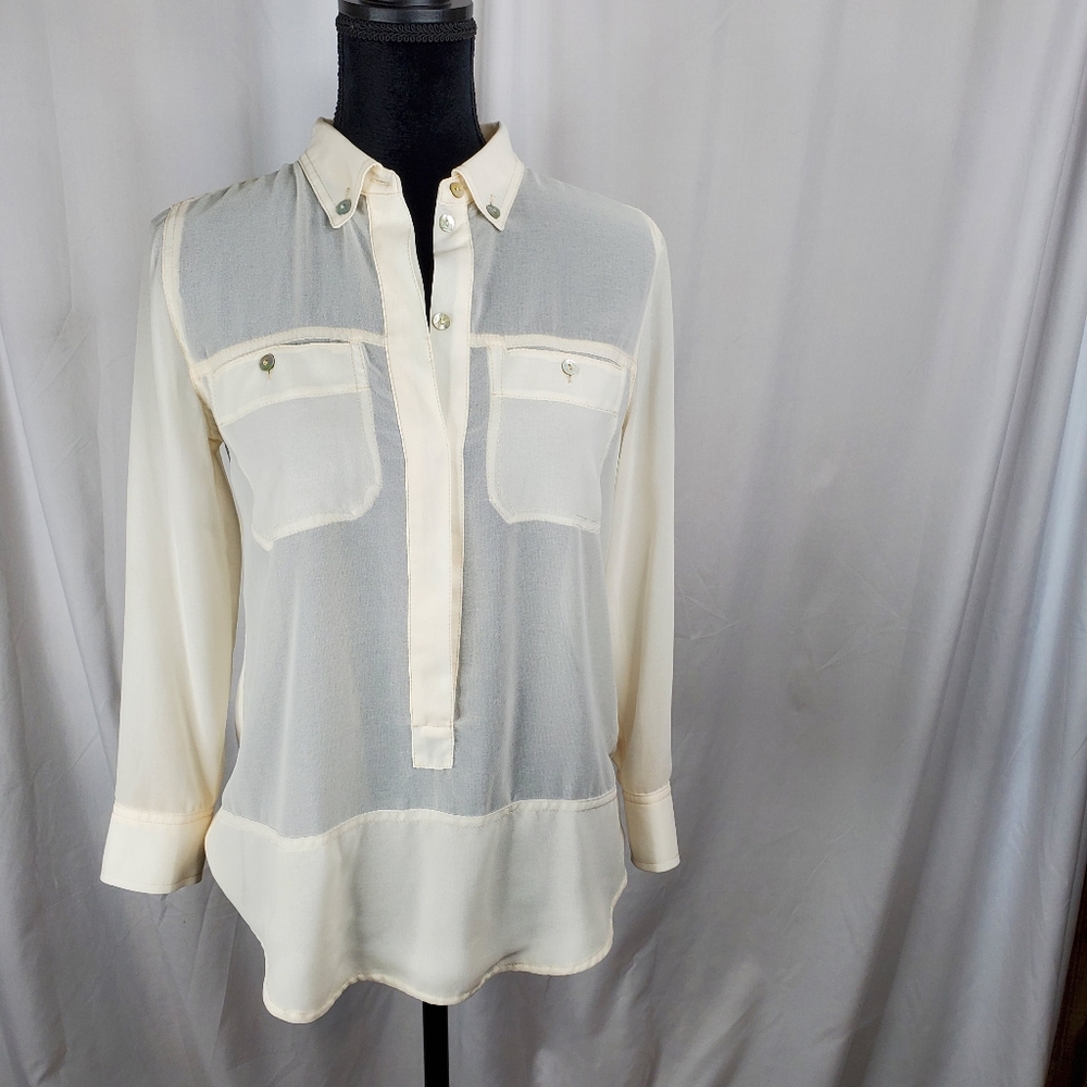 ♡ Sanctuary Sheer 3/4 Button Front Popover Cream Camp Shirt Size XS